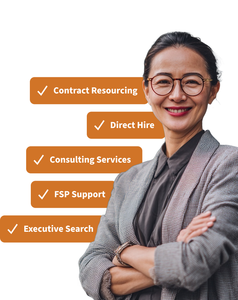 Confident professional standing with arms crossed beside service offerings including Contract Resourcing, Direct Hire, Consulting Services, FSP Support, and Executive Search, representing Connect Life Sciences’ comprehensive staffing solutions for the pharmaceutical, biotech, and medical device industries.